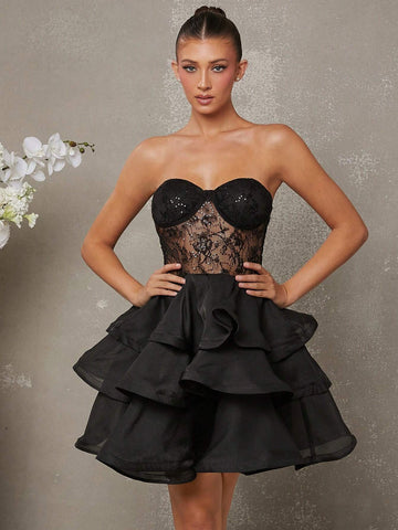 Women's Layered Lace Trim Ruffled Hem Tube Dress