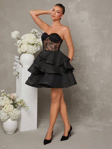Women's Layered Lace Trim Ruffled Hem Tube Dress