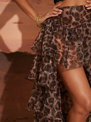 Haute Women's Leopard Print Pleated Ruffle Layered Skirt, Casual Resort Wear