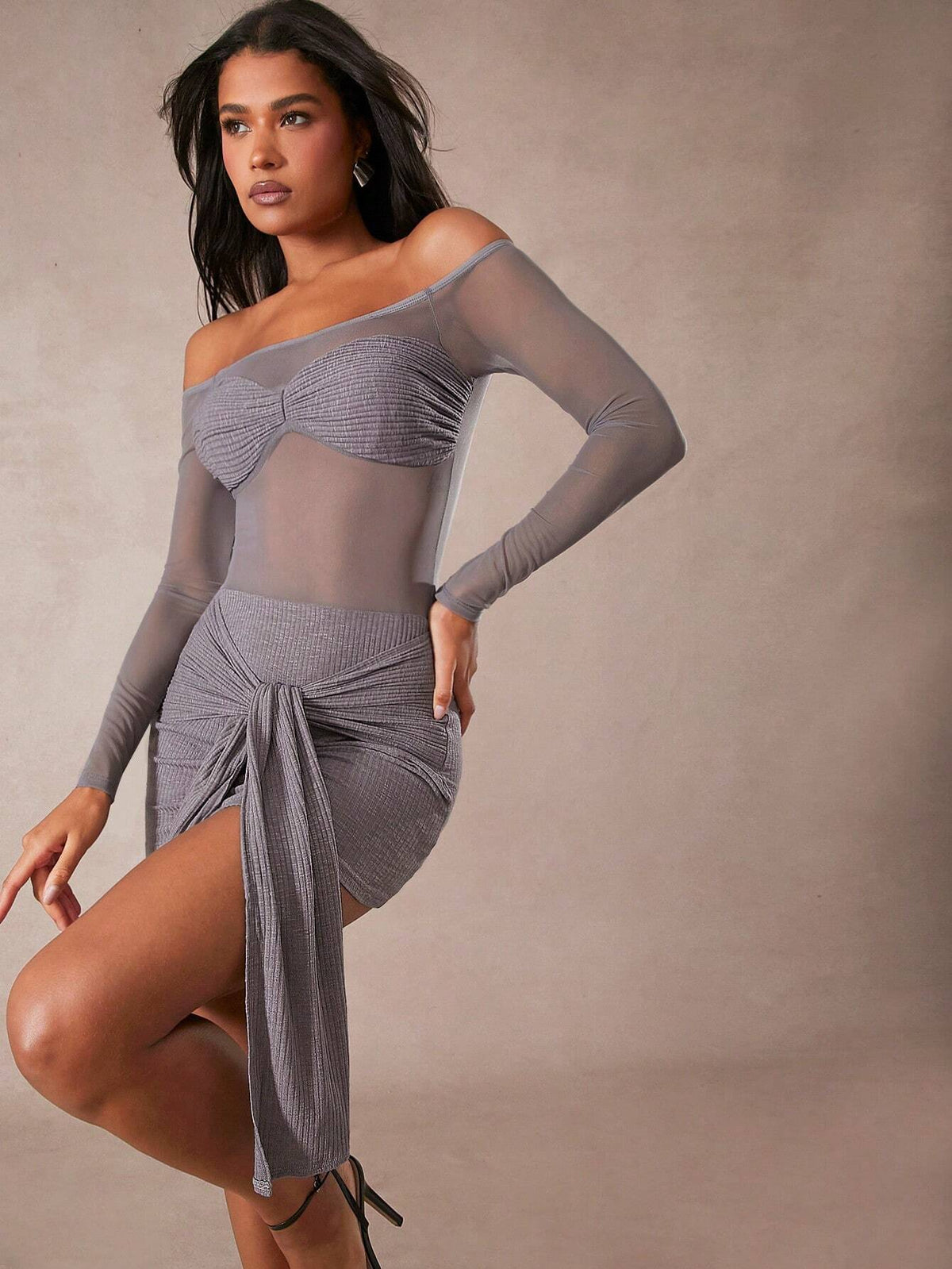 Women's Mesh Panel Off Shoulder Long Sleeve Twist Hem Bodycon Mini Dress, Sexy