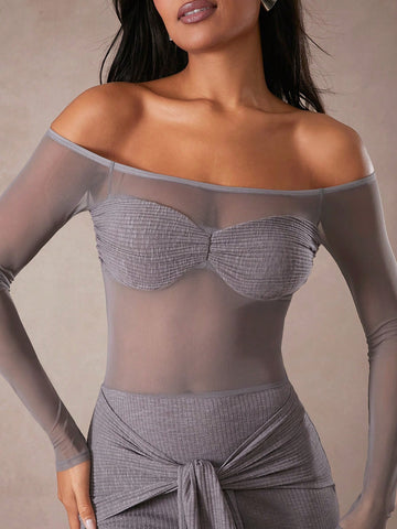 Women's Mesh Panel Off Shoulder Long Sleeve Twist Hem Bodycon Mini Dress, Sexy