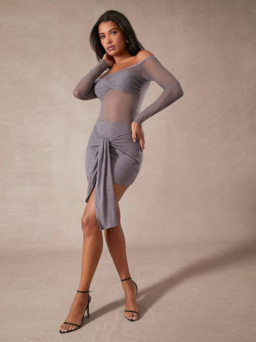 Women's Mesh Panel Off Shoulder Long Sleeve Twist Hem Bodycon Mini Dress, Sexy