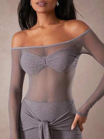 Women's Mesh Panel Off Shoulder Long Sleeve Twist Hem Bodycon Mini Dress, Sexy