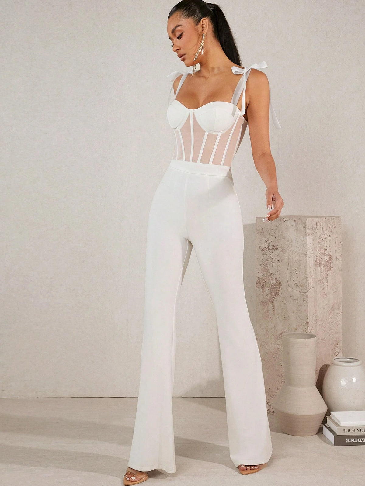 Women's Mesh Patchwork Shoulder Tie Jumpsuit