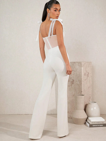 Women's Mesh Patchwork Shoulder Tie Jumpsuit