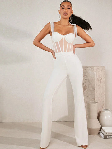 Women's Mesh Patchwork Shoulder Tie Jumpsuit