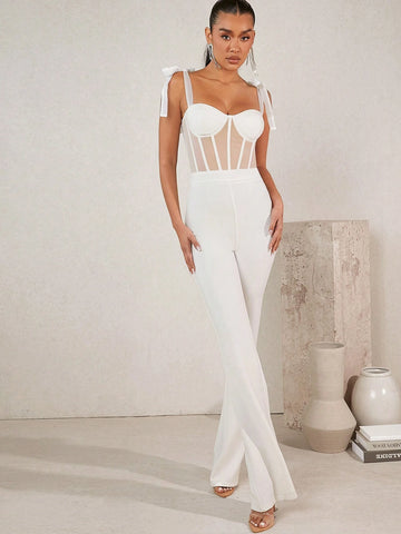 Women's Mesh Patchwork Shoulder Tie Jumpsuit