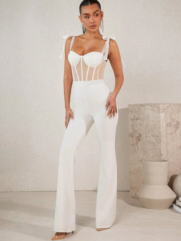 Women's Mesh Patchwork Shoulder Tie Jumpsuit