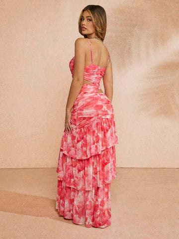 Women's Pink Printed Hollow Out Pleated Cami Dress, Summer
