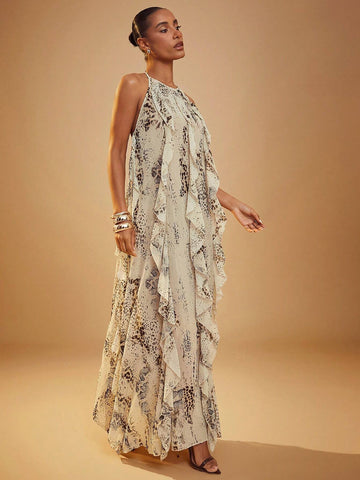 Women's Snake Print Layered Ruffle Hem Maxi Halter Neck Dress