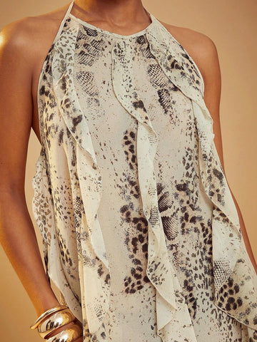 Women's Snake Print Layered Ruffle Hem Maxi Halter Neck Dress