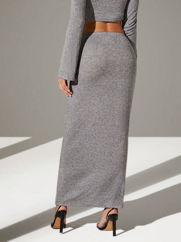 Haute Women's Solid Color Elastic Waist Maxi Straight Casual Skirt