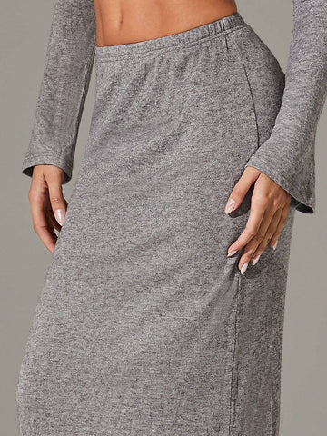 Haute Women's Solid Color Elastic Waist Maxi Straight Casual Skirt