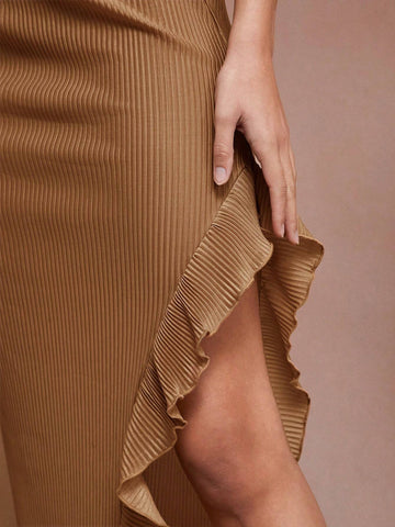 Haute Women's Solid Color Elastic Waist Ruffle Hem Side Slit Maxi Skirt