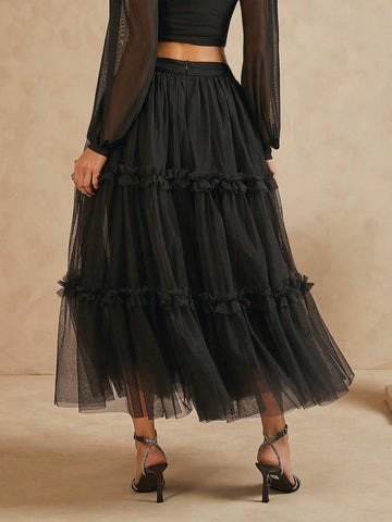 Haute Women's Solid Color Mesh Patchwork Pleated Ruffle Hem Casual Skirt For Vacation