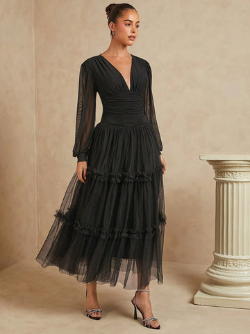 Haute Women's Solid Color Mesh Patchwork Pleated Ruffle Hem Casual Skirt For Vacation