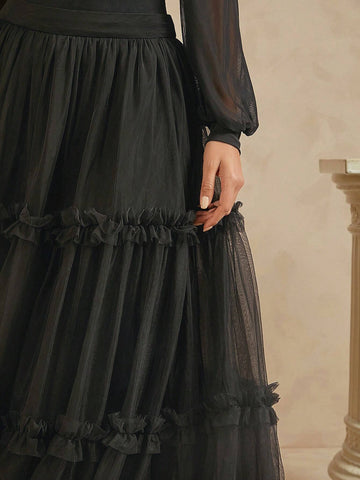 Haute Women's Solid Color Mesh Patchwork Pleated Ruffle Hem Casual Skirt For Vacation