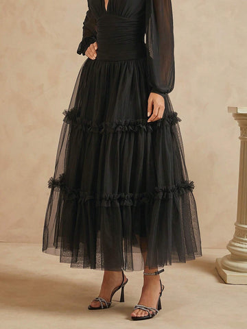 Haute Women's Solid Color Mesh Patchwork Pleated Ruffle Hem Casual Skirt For Vacation