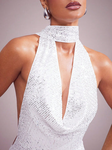 Women's Solid Color Sequin Open Back Halter Lace-Up Sexy Stylish Mini Dress