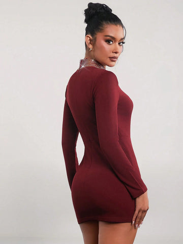Women's Solid Color Stand Collar Long Sleeve See-Through Bandage Dress