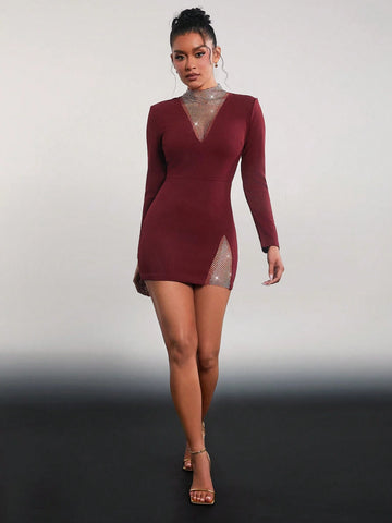 Women's Solid Color Stand Collar Long Sleeve See-Through Bandage Dress