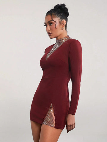 Women's Solid Color Stand Collar Long Sleeve See-Through Bandage Dress