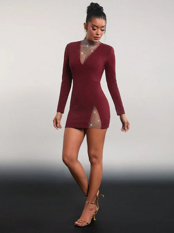 Women's Solid Color Stand Collar Long Sleeve See-Through Bandage Dress