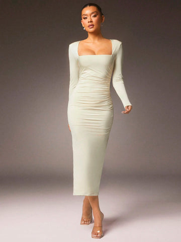 Women's Solid Color Swan Neck Long Sleeve Ruched Fitted Elegant Dress