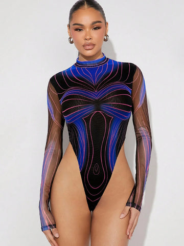 Women's Stand Collar Striped Mesh Long Sleeve Bodysuit