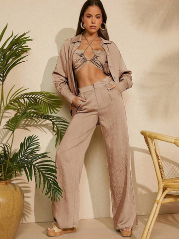 Women's Summer Holiday Solid Color Sleeveless Top And Long Pants Outfit With Halter Neck