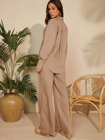 Women's Summer Holiday Solid Color Sleeveless Top And Long Pants Outfit With Halter Neck