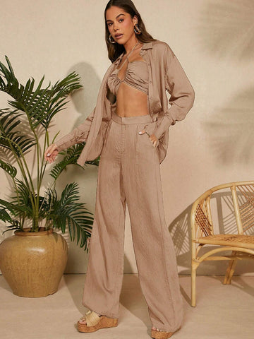 Women's Summer Holiday Solid Color Sleeveless Top And Long Pants Outfit With Halter Neck