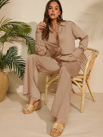 Women's Summer Holiday Solid Color Sleeveless Top And Long Pants Outfit With Halter Neck