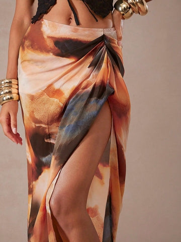 Haute Women's Tie-Dye Print Drawstring Split Hem Skirt