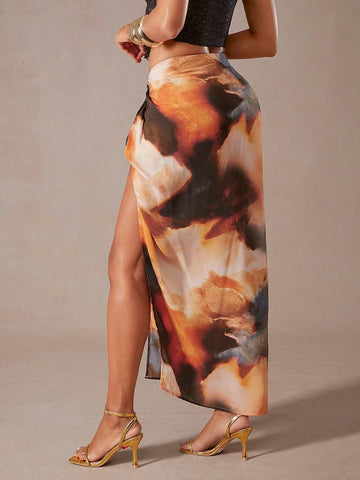 Haute Women's Tie-Dye Print Drawstring Split Hem Skirt