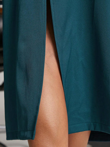 Haute Woven Belted Midi Skirt With Back Slit