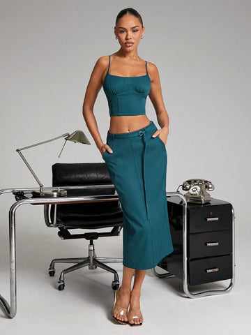 Haute Woven Belted Midi Skirt With Back Slit