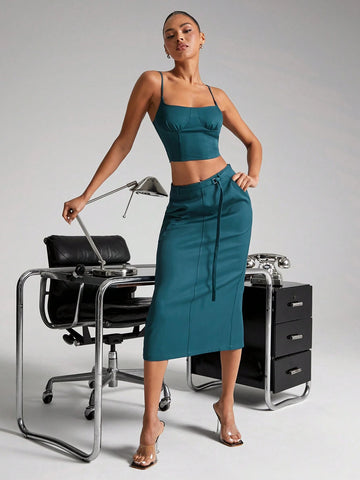 Haute Woven Belted Midi Skirt With Back Slit