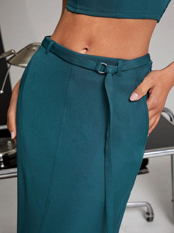 Haute Woven Belted Midi Skirt With Back Slit