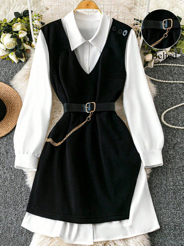 Holidaya 2pcs Women Plain Shirt Dress + Sleeveless Black Dress With Belt, Casual Elegant Office Outfit, Spring Autumn
