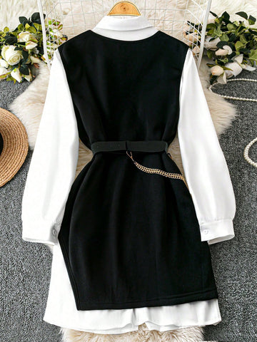 Holidaya 2pcs Women Plain Shirt Dress + Sleeveless Black Dress With Belt, Casual Elegant Office Outfit, Spring Autumn