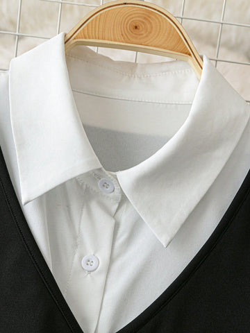 Holidaya 2pcs Women Plain Shirt Dress + Sleeveless Black Dress With Belt, Casual Elegant Office Outfit, Spring Autumn