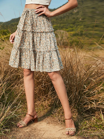 Holidaya Ditsy Floral Ruffle Hem Skirt