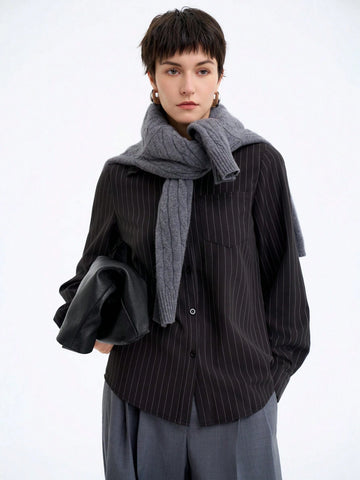 Elegant Commuter Striped Round Shoulder Long Sleeve Solid Color Blouse For Women