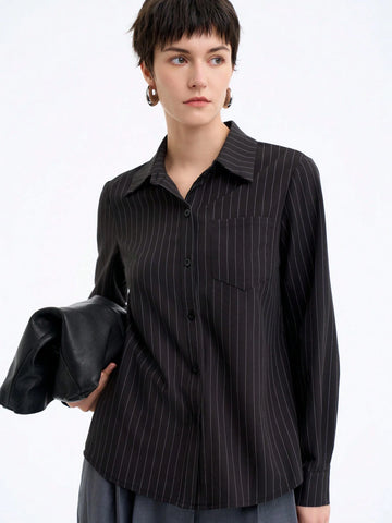 Elegant Commuter Striped Round Shoulder Long Sleeve Solid Color Blouse For Women