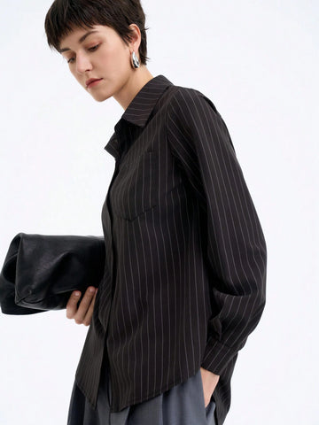 Elegant Commuter Striped Round Shoulder Long Sleeve Solid Color Blouse For Women