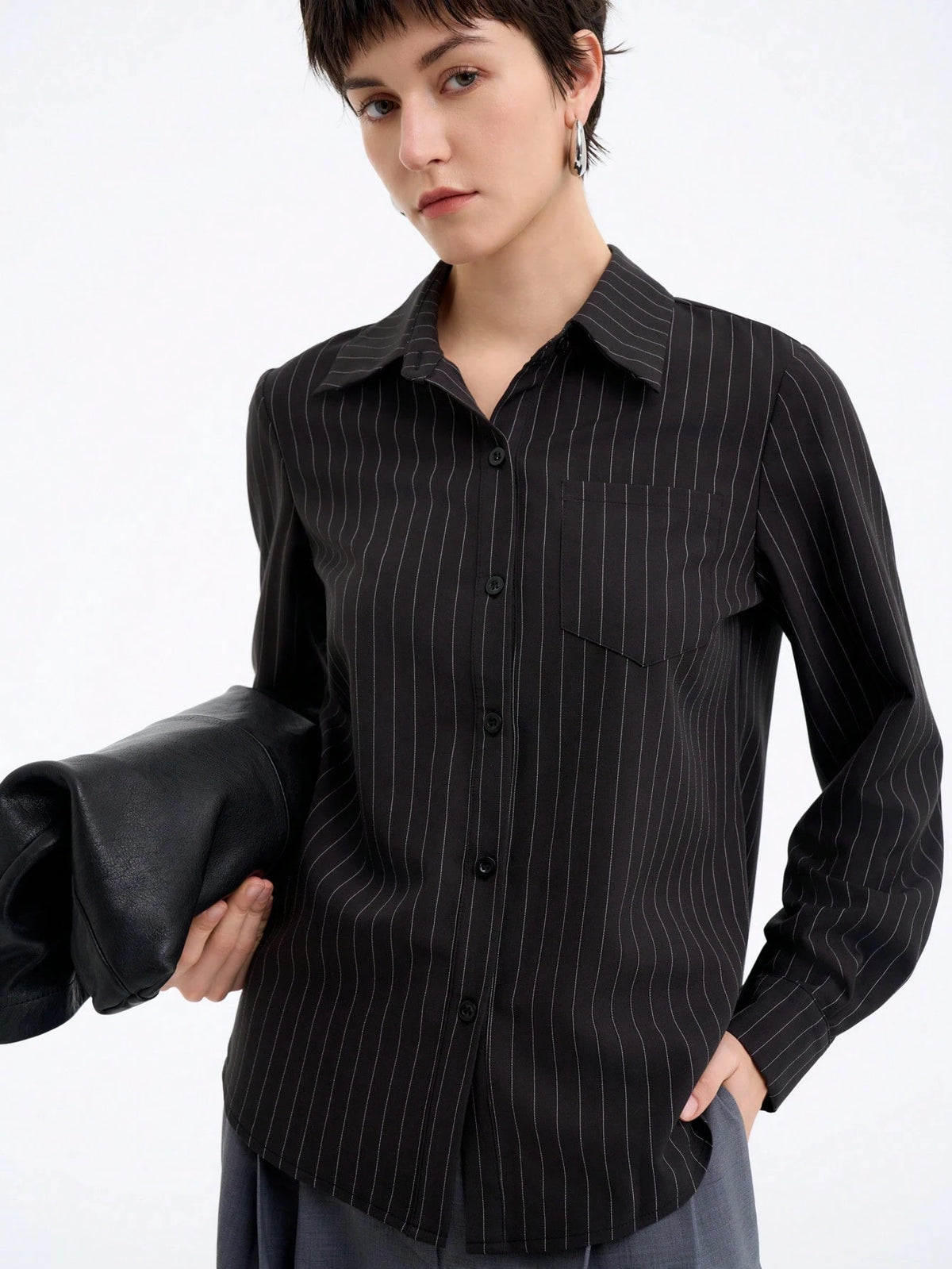 Elegant Commuter Striped Round Shoulder Long Sleeve Solid Color Blouse For Women