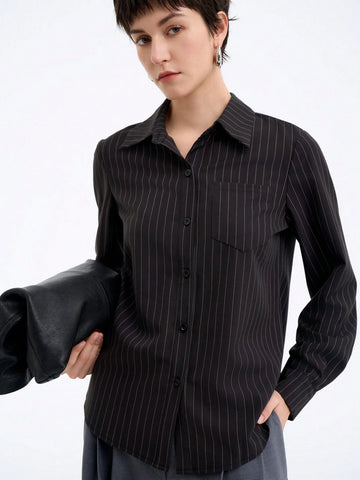 Elegant Commuter Striped Round Shoulder Long Sleeve Solid Color Blouse For Women