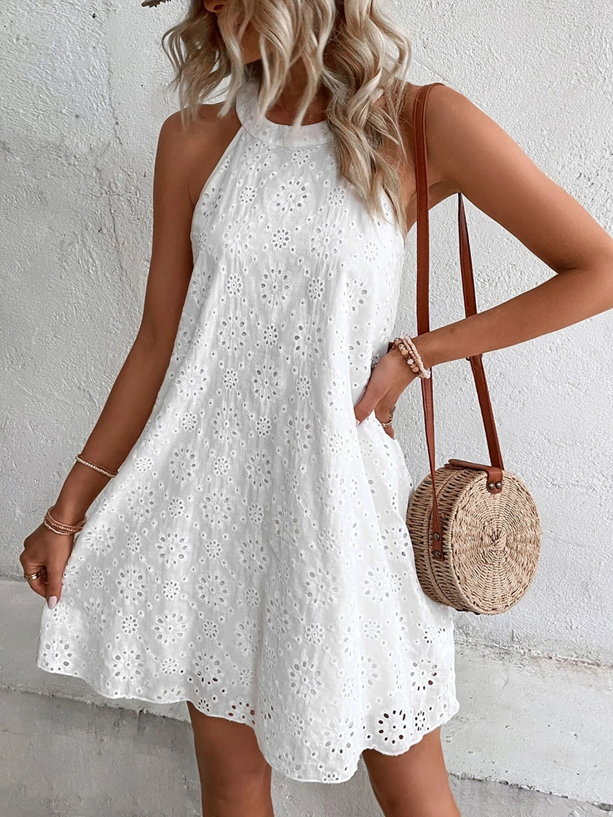 Eyelet Embroidery Keyhole Back Halter Neck Tunic Dress