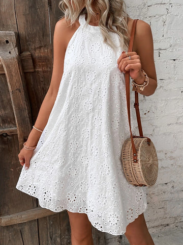 Eyelet Embroidery Keyhole Back Halter Neck Tunic Dress